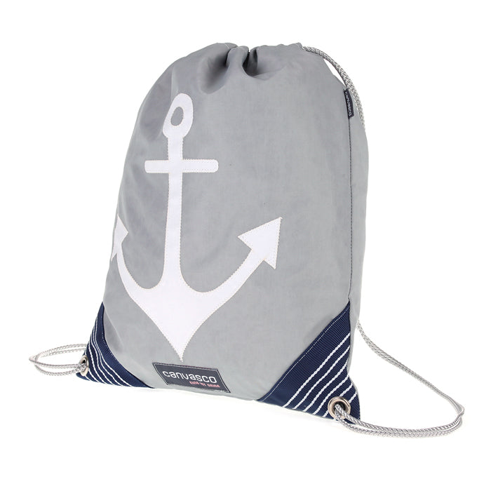Turnbeutel CANVASCO "Jim" / Segeltuch grau / Ecken blau-weiß / Motiv Anker weiß