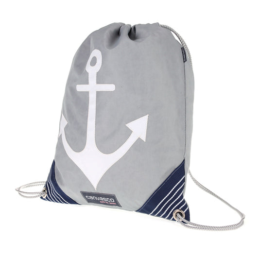 Turnbeutel CANVASCO "Jim" / Segeltuch grau / Ecken blau-weiß / Motiv Anker weiß