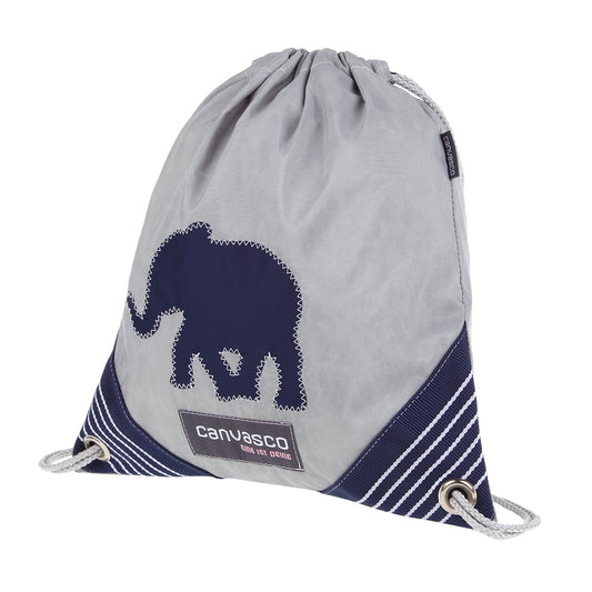 Turnbeutel CANVASCO "Jim Kids" / Segeltuch grau / Ecken blau-weiß / Motiv Elefant blau