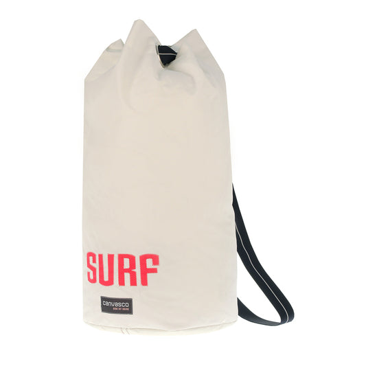 Seesack CANVASCO "Seasick" / Segeltuch weiß / Gurt schwarz-weiß / Motiv surf pink
