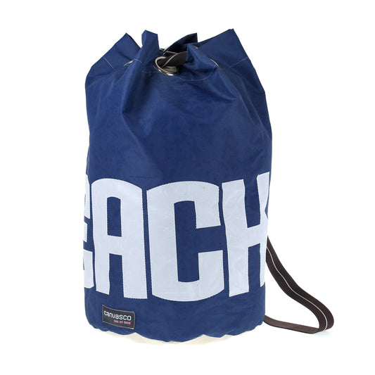 Seesack CANVASCO "Seasick" / Segeltuch blau / Gurt braun-weiß / Motiv Beach weiß