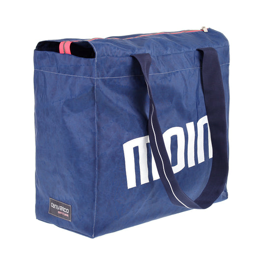 Strandtasche CANVASCO "Beach Pro" / Segeltuch blau / Gurt blau-weiß / Motiv Moin weiß