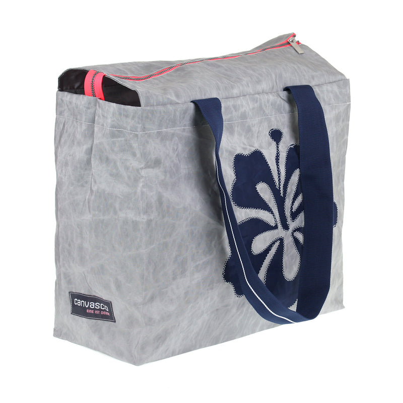 Strandtasche CANVASCO "Beach Pro" / Segeltuch grau / Gurt blau-weiß / Motiv Hibiskus blau