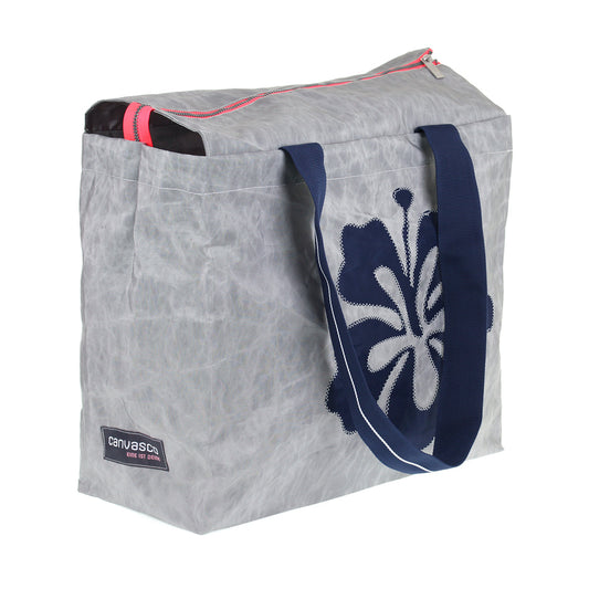 Strandtasche CANVASCO "Beach Pro" / Segeltuch grau / Gurt blau-weiß / Motiv Hibiskus blau