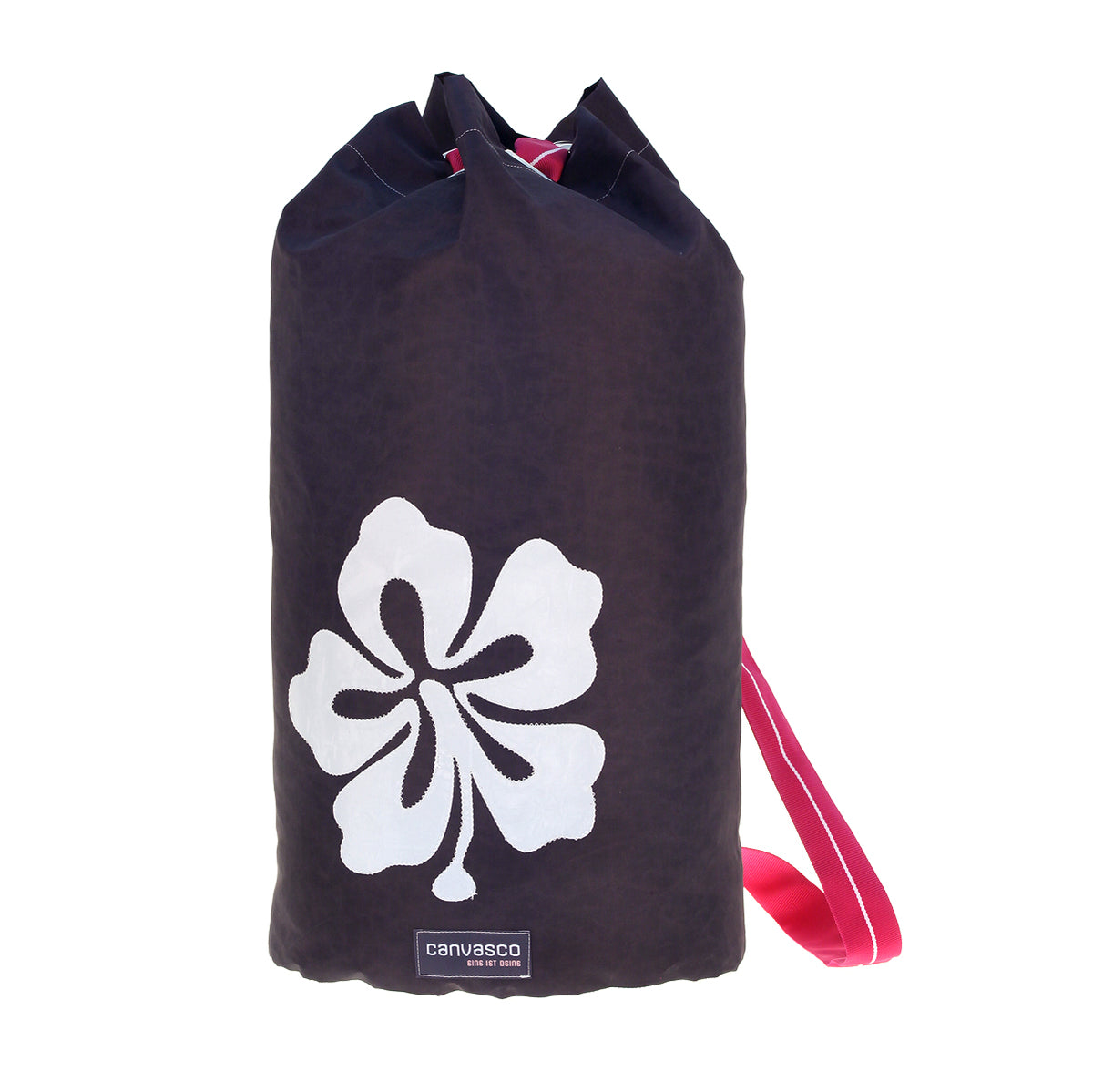 Seesack CANVASCO "Seasick" / Segeltuch schwarz / Gurt himbeer-weiß / Motiv Hibiskus weiß
