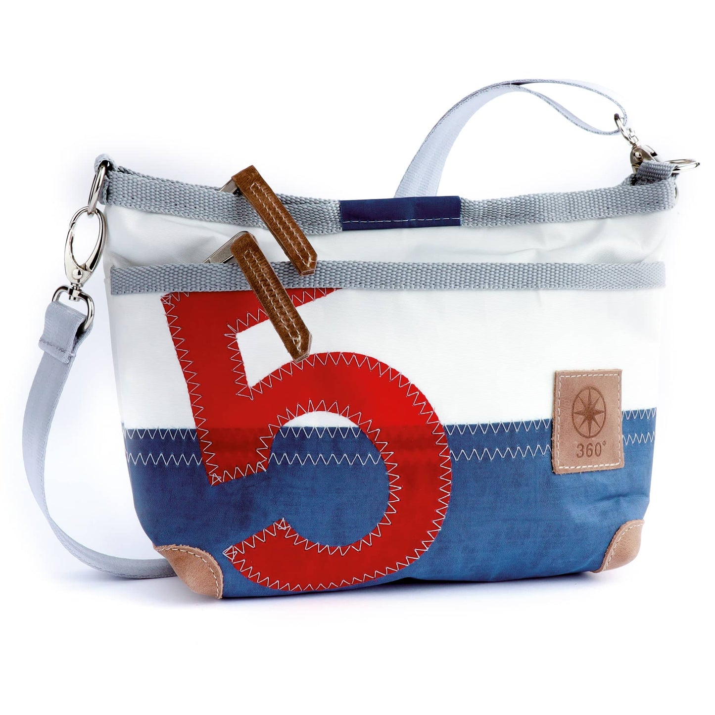 Damen Handtasche 360 Grad "Deern Lütt" / Segeltuch weiß blau / Zufallszahl rot