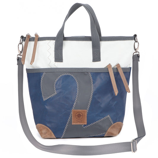 Damen Handtasche 360 Grad "Deern Mini" / Segeltuch blau weiß / Motiv Zufallszahl grau
