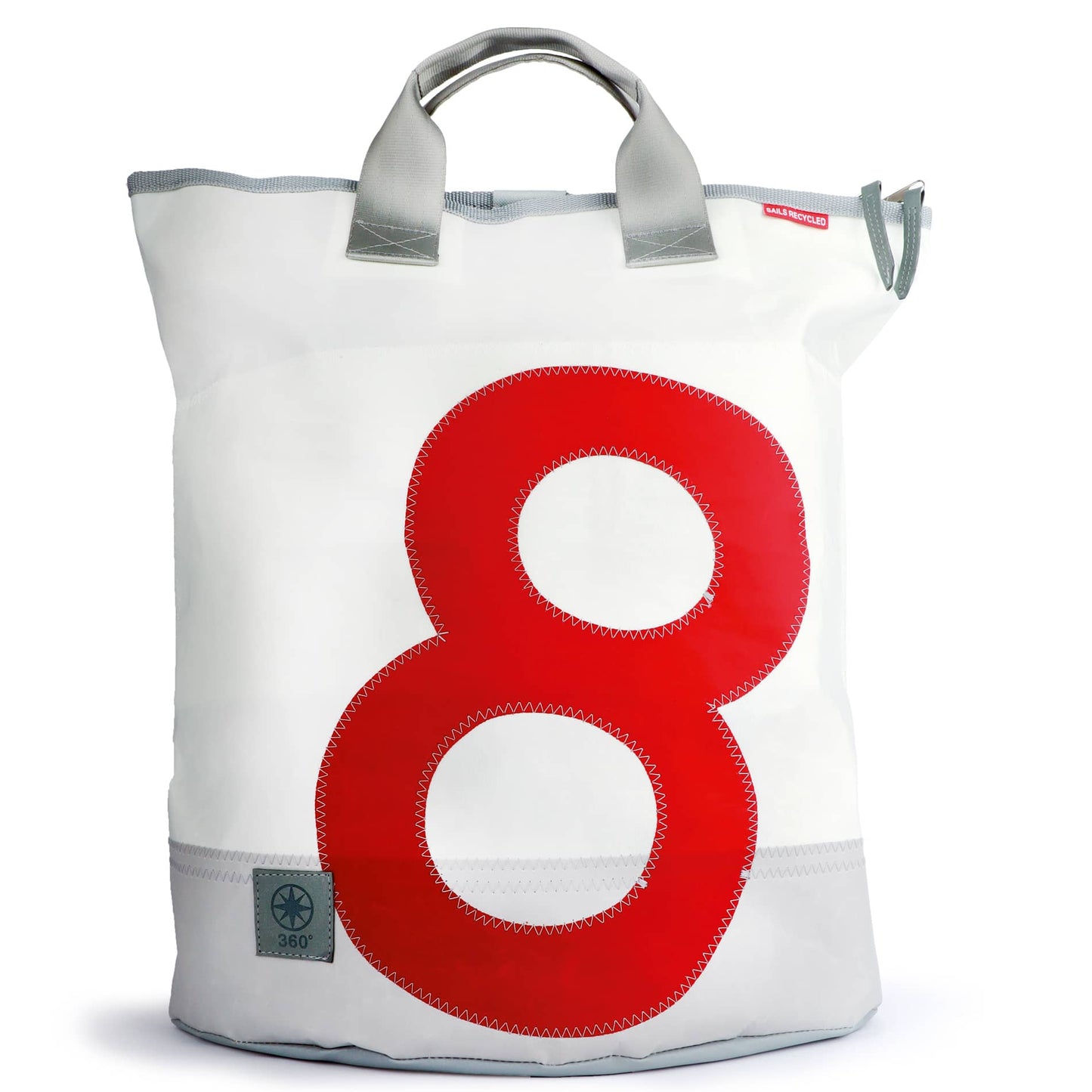 Einkaufstasche 360 Grad "Ketsch" / Segeltuch weiß grau / Motiv Zufallszahl rot