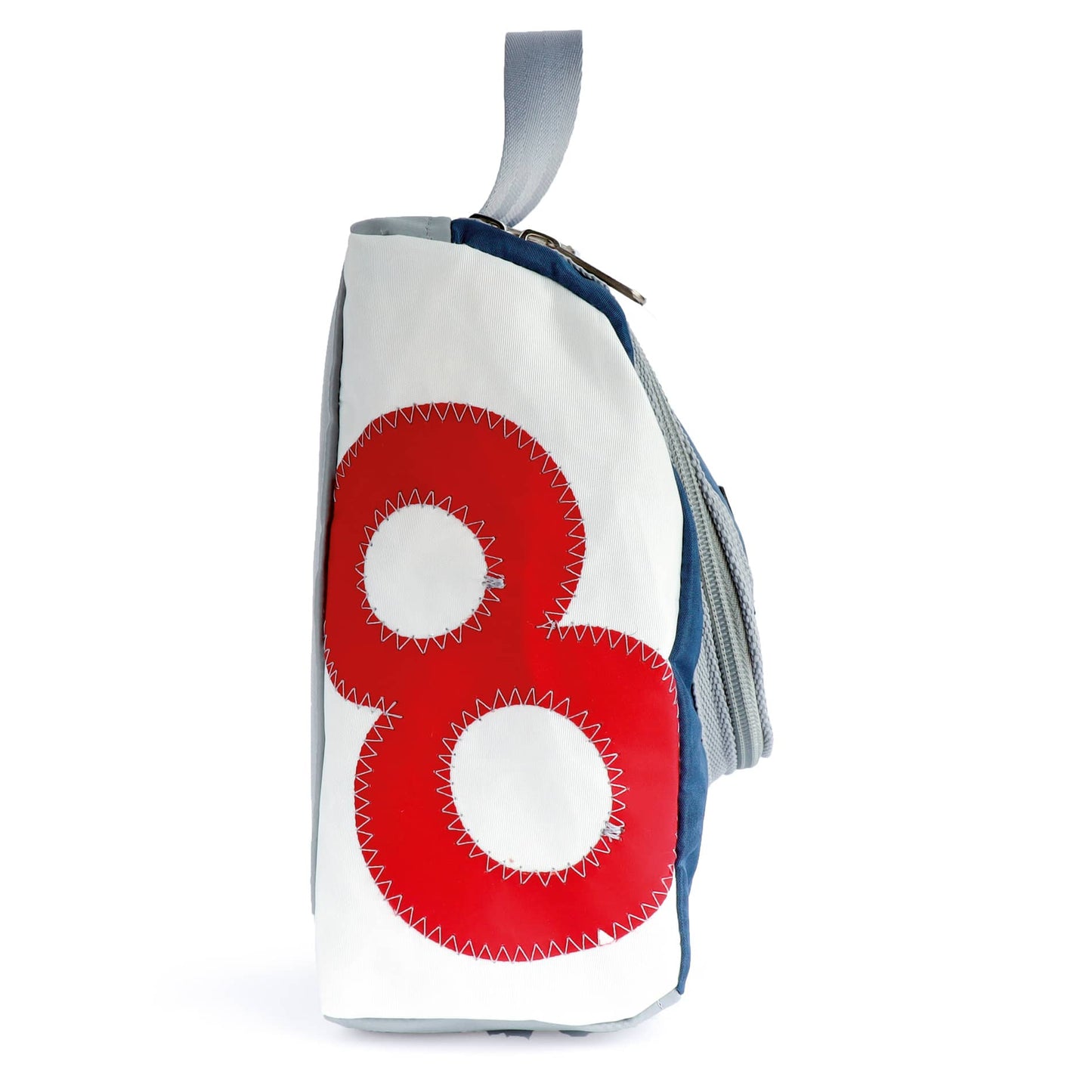 Kulturtasche 360 Grad "Matrose XL" / Segeltuch blau weiß / Motiv Zufallszahl rot