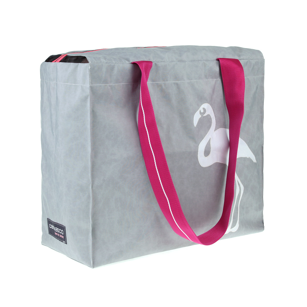 Strandtasche Badetasche CANVASCO "Beach Pro" / Segeltuch grau / Gurt pink-weiß / Motiv Flamingo weiß