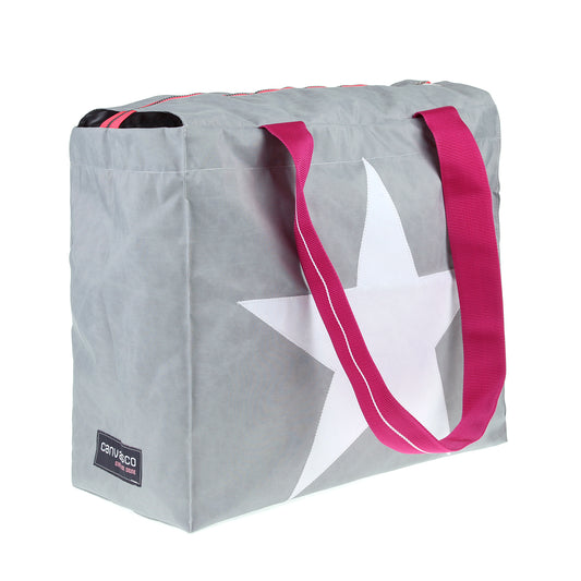 Strandtasche Badetasche CANVASCO "Beach Pro" / Segeltuch grau / Gurt pink-weiß / Motiv Stern weiß
