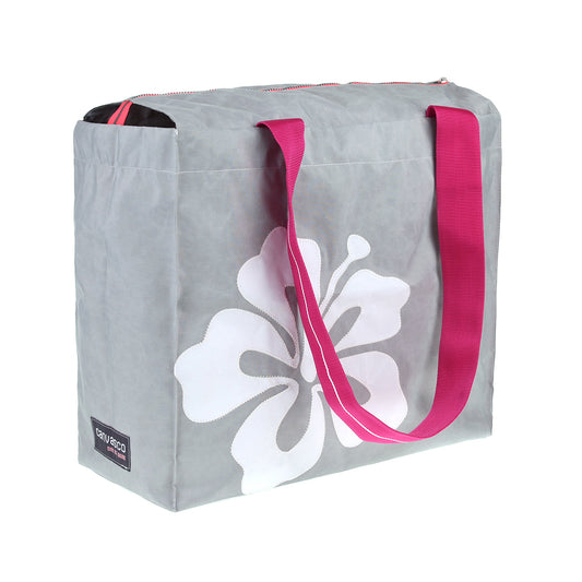 Strandtasche Badetasche CANVASCO "Beach Pro" / Segeltuch grau / Gurt pink-weiß / Motiv Hibiskus weiß