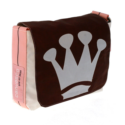 Kindertasche CANVASCO "Kids" / Segeltuch braun-weiß / Gurt pink-schwarz / Motiv Krone weiß