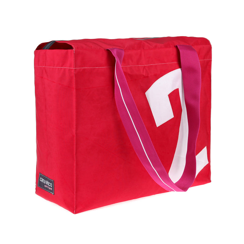 Strandtasche Badetasche CANVASCO "Beach Pro" / Segeltuch rot / Gurt pink-weiß / Motiv 2 weiß