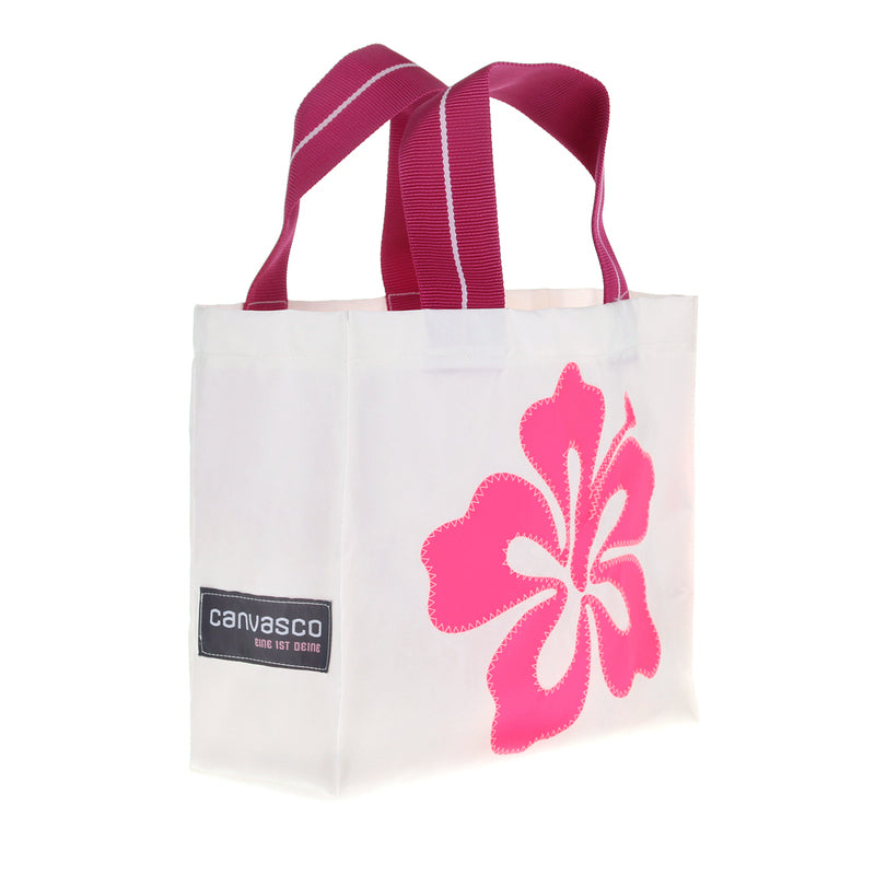 Einkaufstasche CANVASCO "Tiny" / Segeltuch weiß / Gurt pink-weiß / Motiv Hibiskus pink